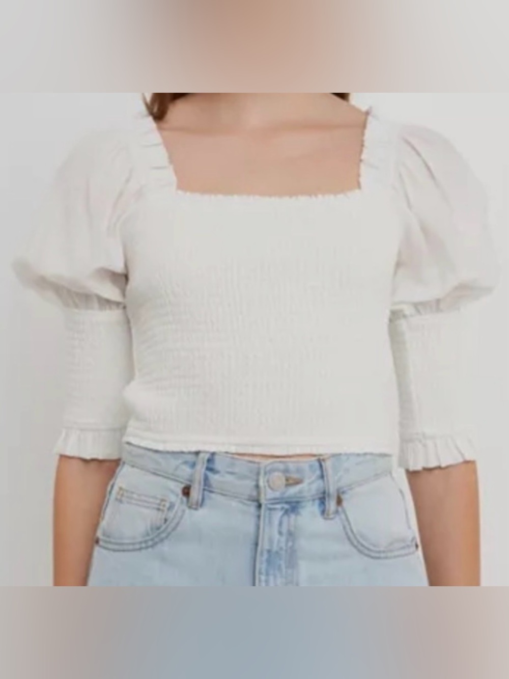 Endless Rose White Smocked Square-Neck Puff Sleeve Crop Top